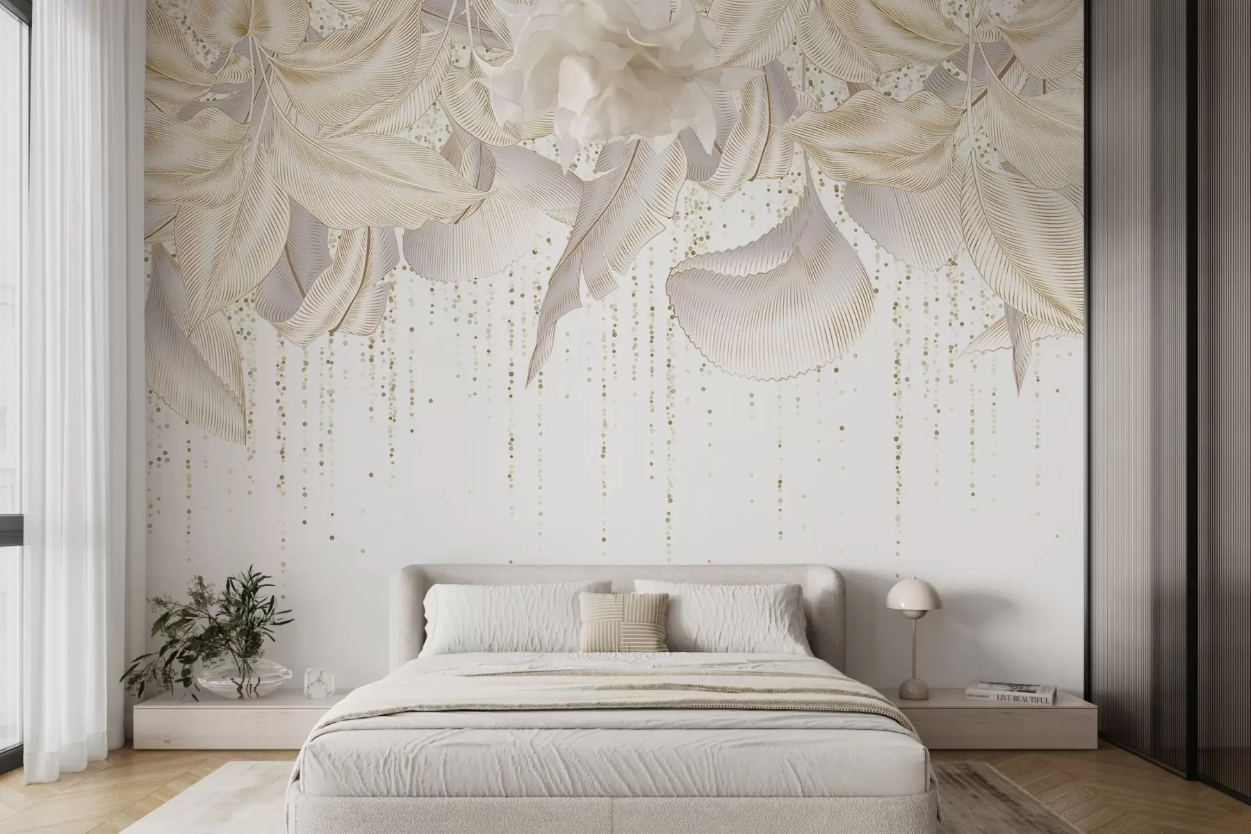 Шпалери Біле деталізоване тропічне листя та текстура з жовтими крапками на білому тлі w08836