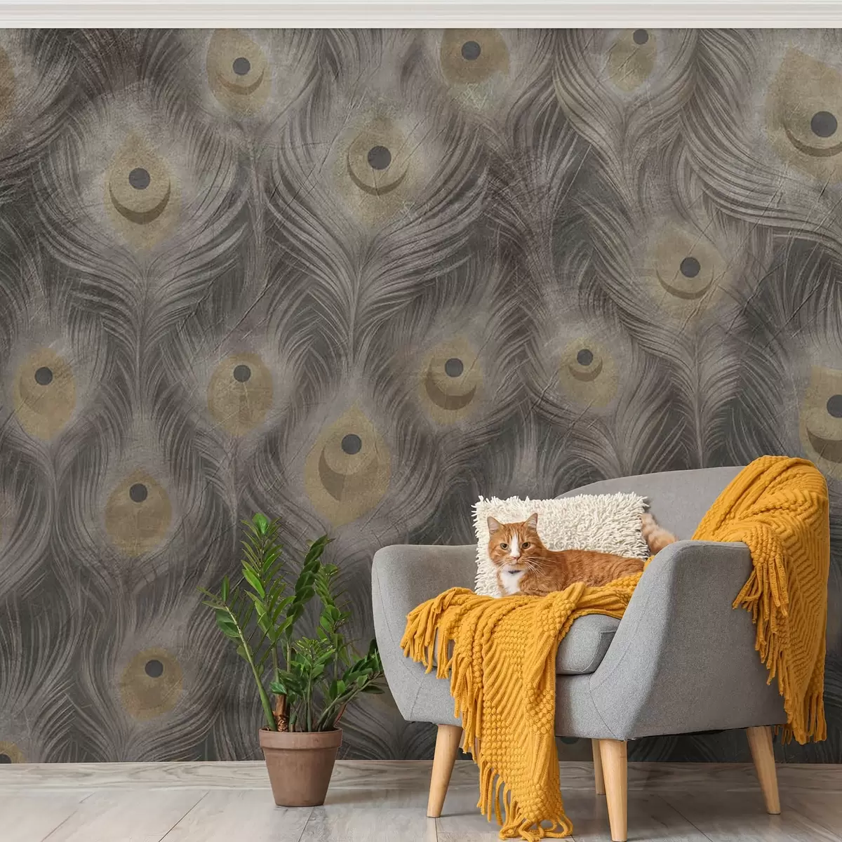 Шпалери Павине пір'я на зістареному тлі w08800