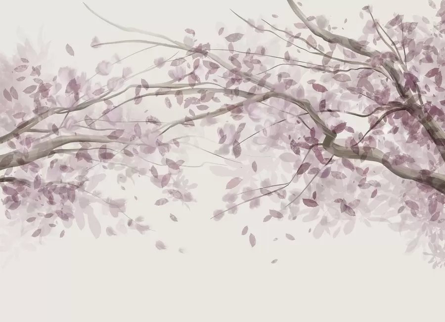 Шпалери Квітучі гілки з рожевим листям, м'які кольори, делікатні деталі, акварельний стиль, на світлому фоні w08867