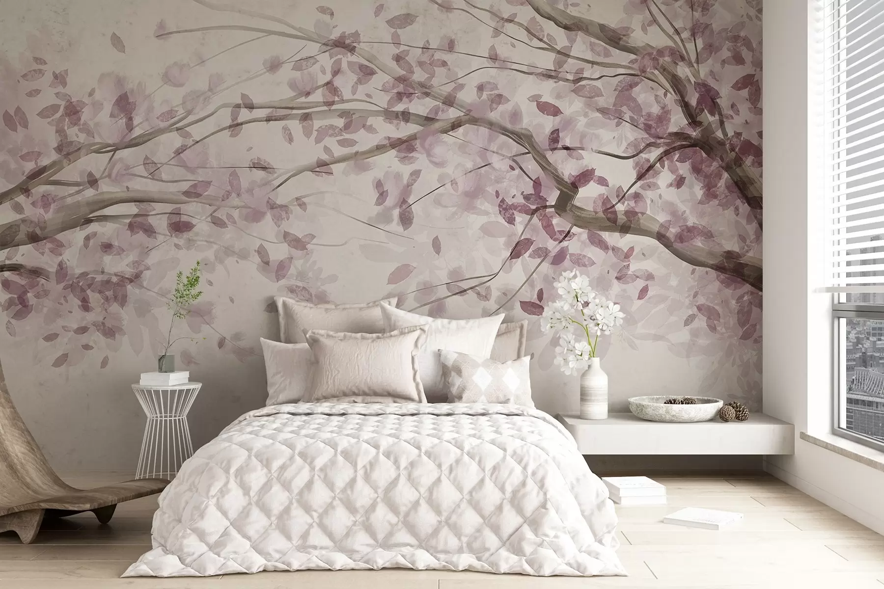 Шпалери Квітучі гілки з рожевим листям, м'які кольори, делікатні деталі, акварельний стиль, на світлому фоні w08867