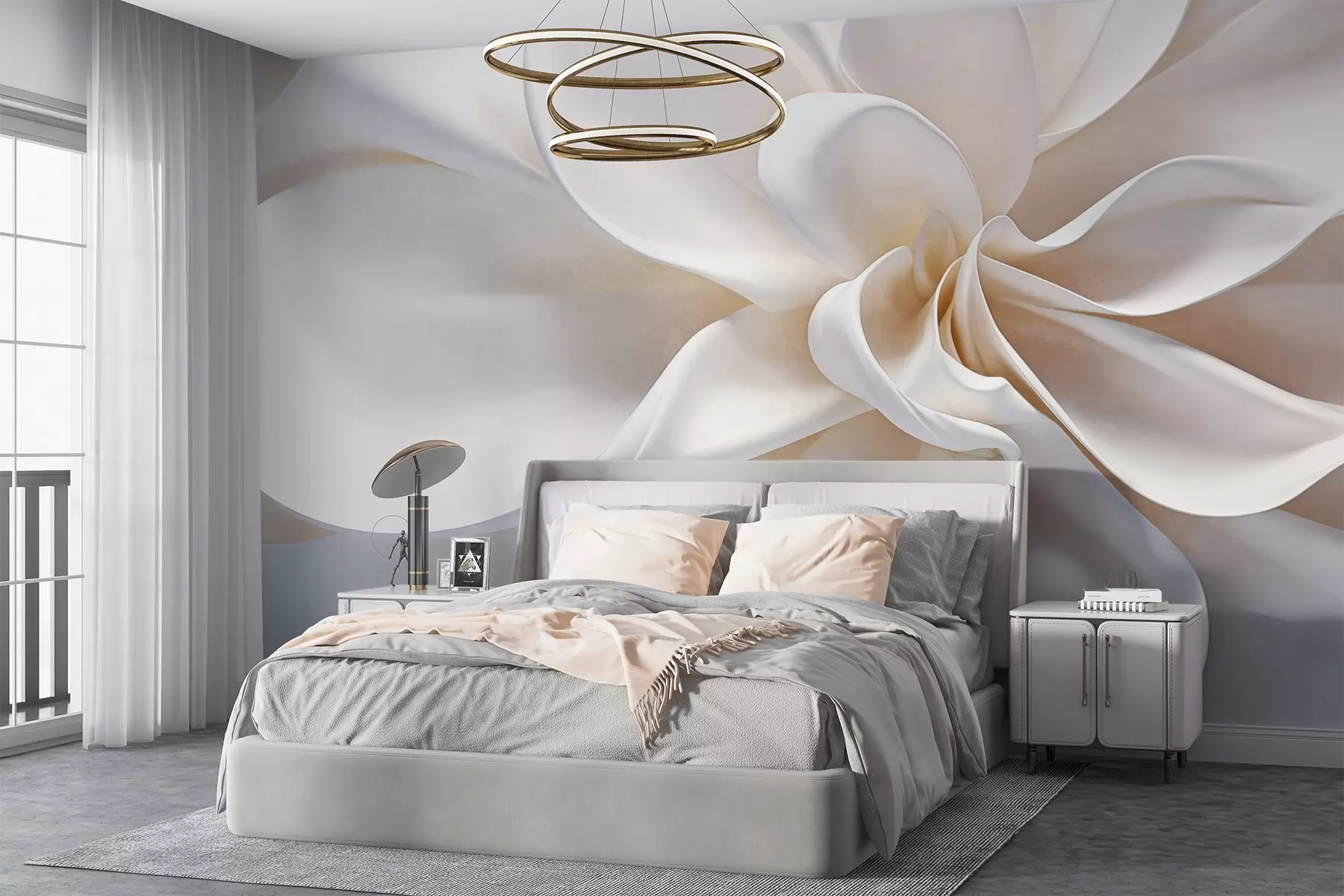 Шпалери Біла мінімалістична квітка з пастельною текстурою та м'якими пелюстками, легкими та повітряними, на білому тлі w08868