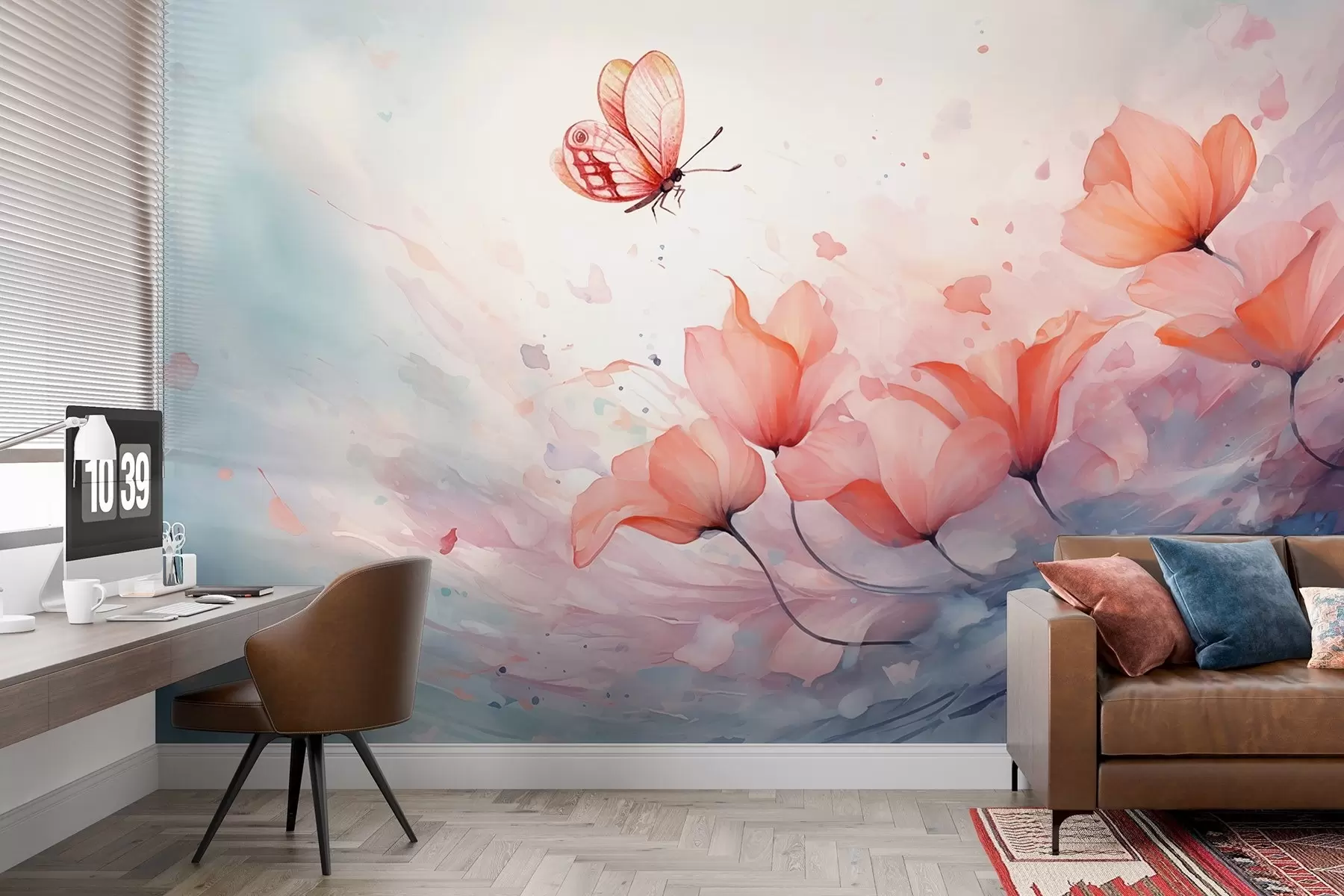 Шпалери Ніжні маки з метеликом в акварельному стилі w08849