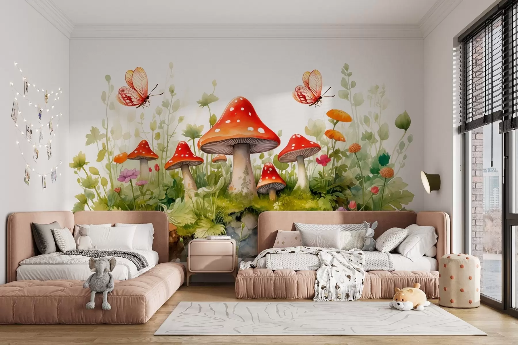 Шпалери Лісовий пейзаж на білому тлі в акварельному стилі з грибами, жабами та метеликами w08854