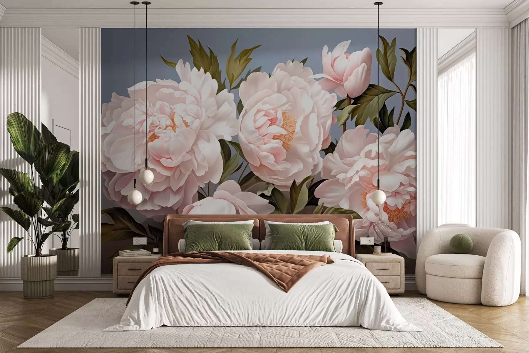 Шпалери Ніжно-рожеві півонії з листям на блакитному тлі w08882