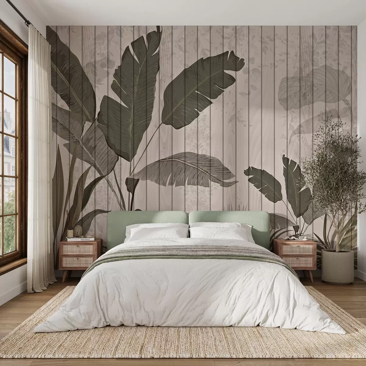 Шпалери Елегантна ботанічна ілюстрація з банановим листям та екзотичними рослинами на фактурному світлому тлі w03325v1