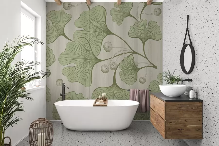 Шпалери Детальна ілюстрація листя гінкго на світлому текстурованому тлі w03326