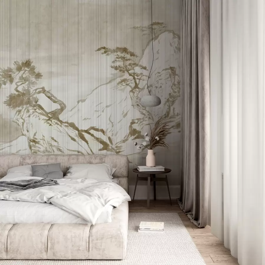 Шпалери Традиційна китайська монохромна пейзажна ілюстрація з горами, деревами та туманом w03379