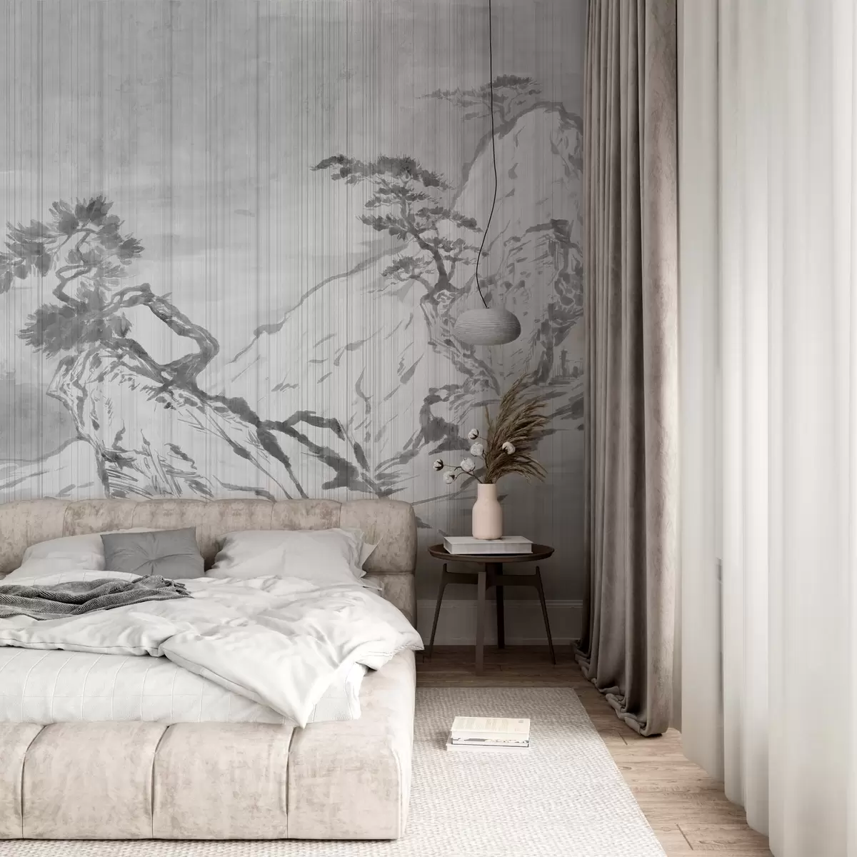 Шпалери Традиційна китайська монохромна пейзажна ілюстрація із зображенням гір, дерев і туману на сірому тлі w03379v1