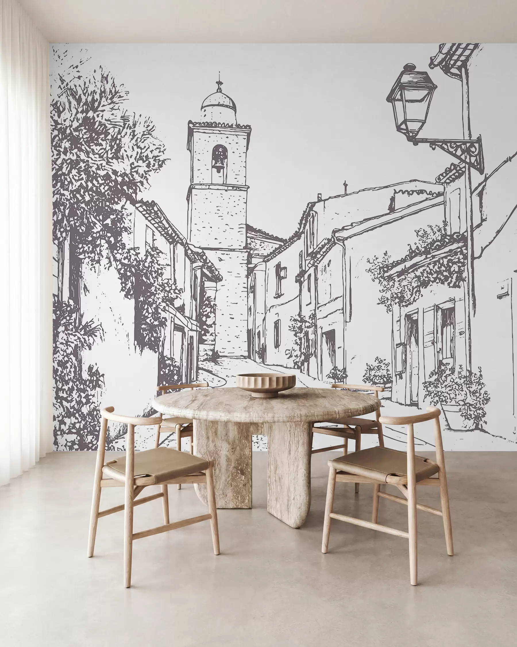 Шпалери Міська вулиця, красива архітектура, будівлі, Середземномор'я, лінійний малюнок, бежевий колір w03345v1