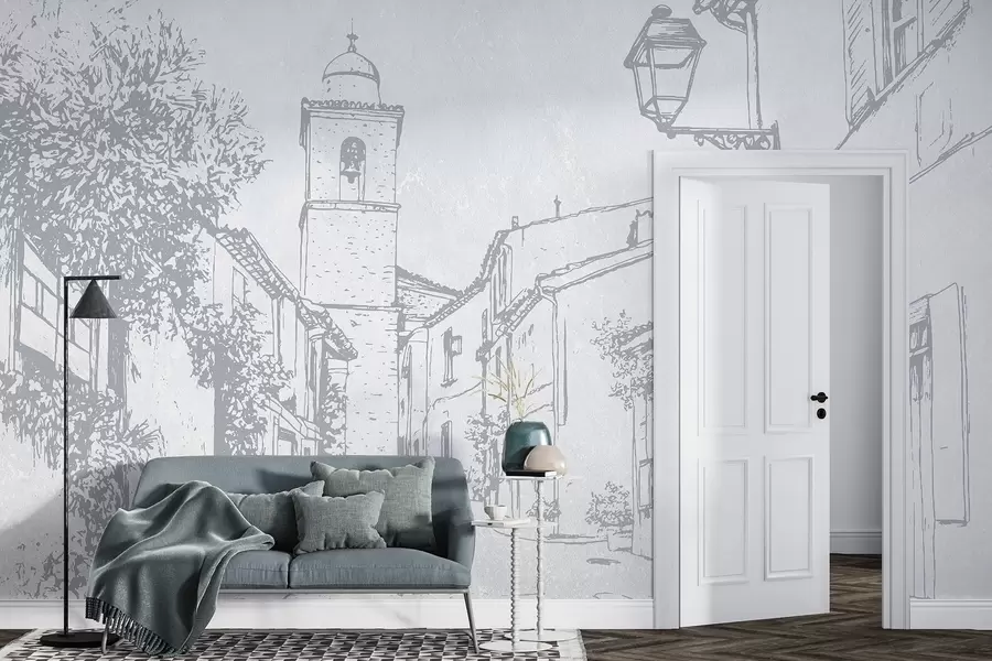 Шпалери Міська вулиця, красива архітектура, будівлі, Середземномор'я, блакитні кольори w03346v1