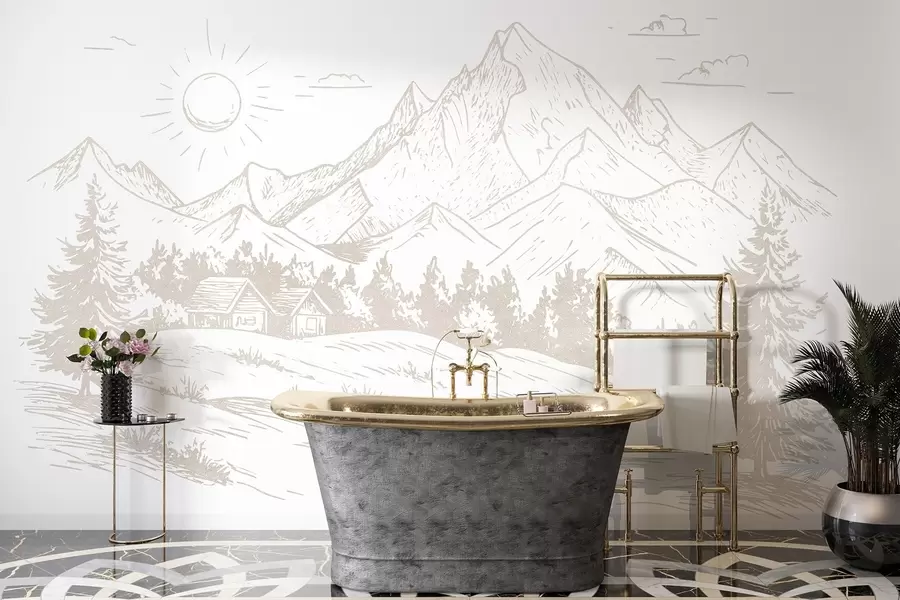 Шпалери Малюнок гір, природні пейзажі, ліс, дерев'яні будинки, бежевий колір w03348