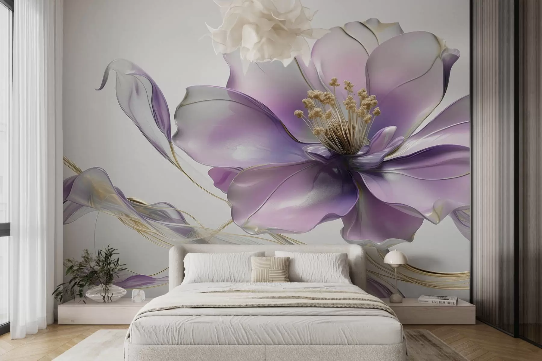 Шпалери Велика абстрактна квітка на стіні в бузковому відтінку w08902v1