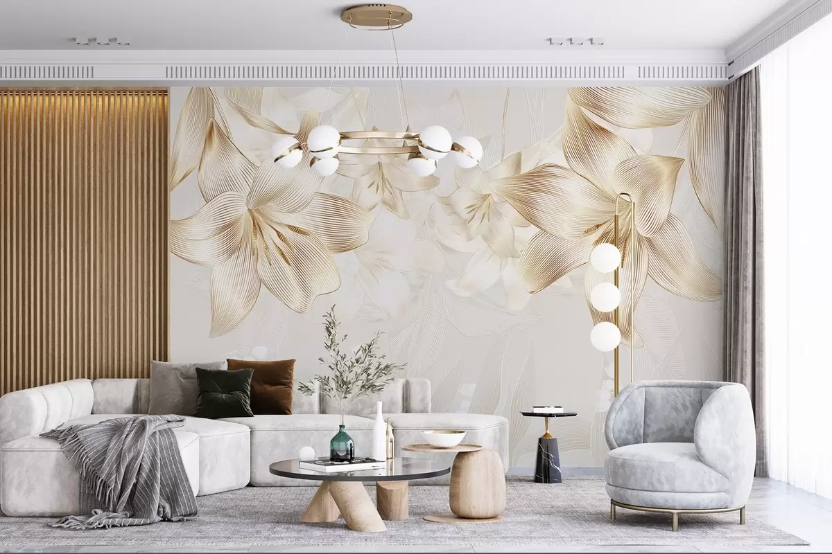 Шпалери Жовті лілії зі складними лініями, елегантна квіткова композиція, нейтральна кольорова палітра w08912