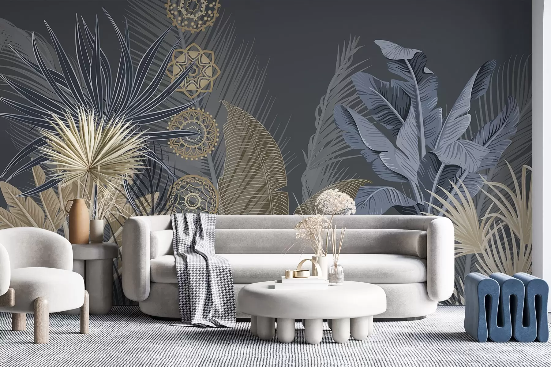 Шпалери Тропічне листя в синіх і коричневих тонах, пальмове листя, бананове листя і орнамент мандали, темне тло w08913