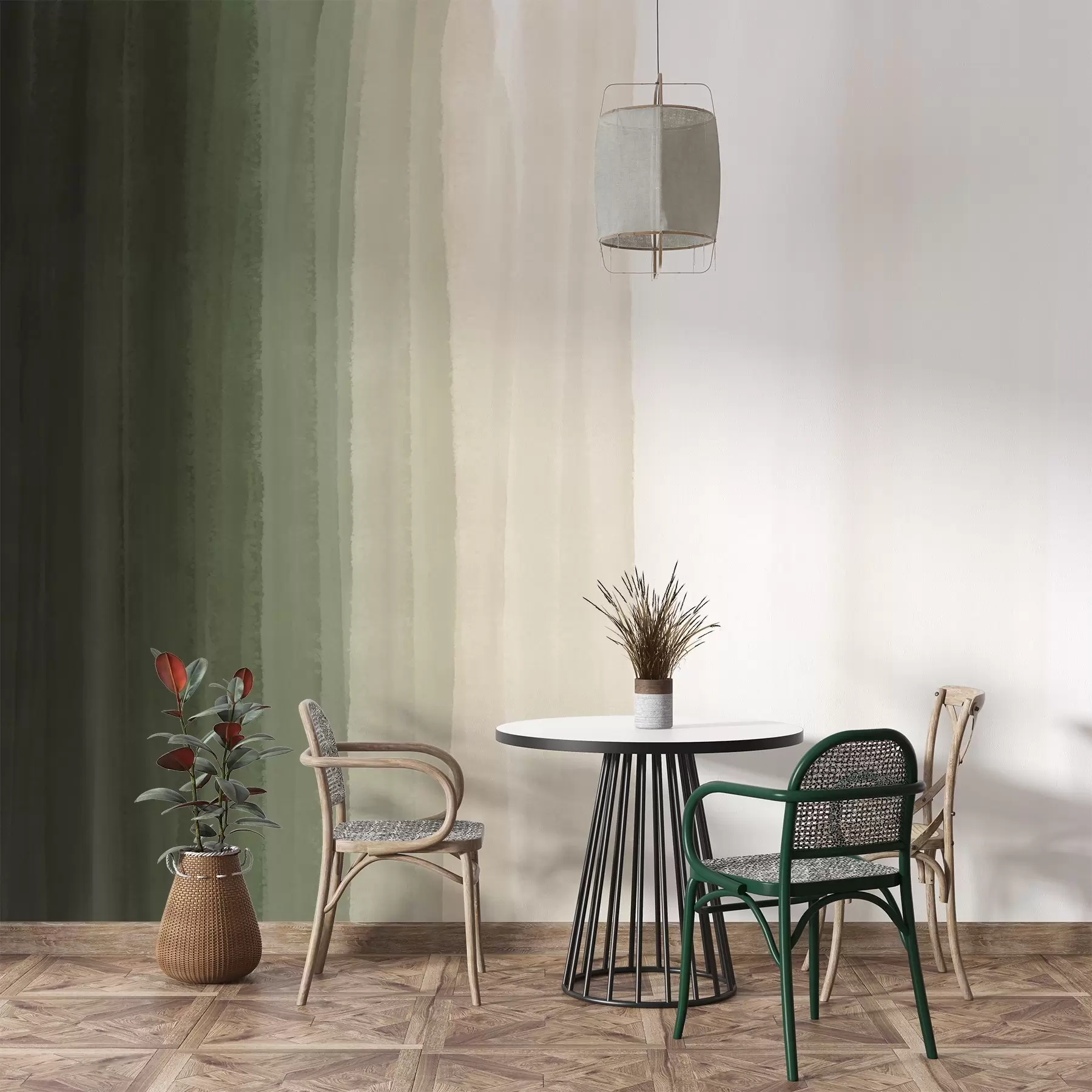 Шпалери Абстрактний мінімалістичний градієнтний принт з вертикальними смугами темно-зеленого, бежевого та білого кольорів w08915