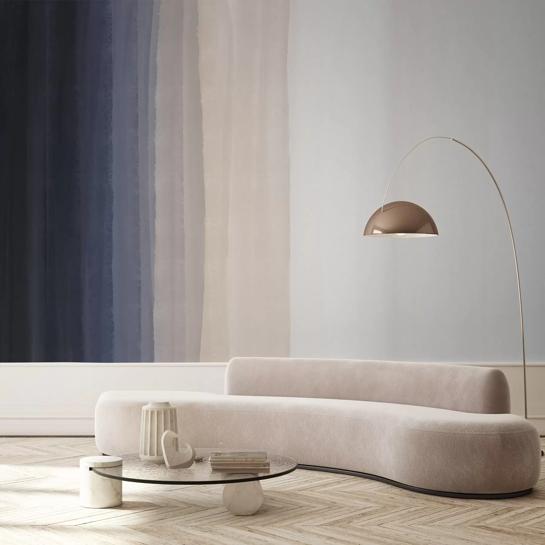 Шпалери Абстрактний мінімалістичний градієнтний принт з вертикальними смугами темно-синього, світло-персикового та білого кольорів w08915v1