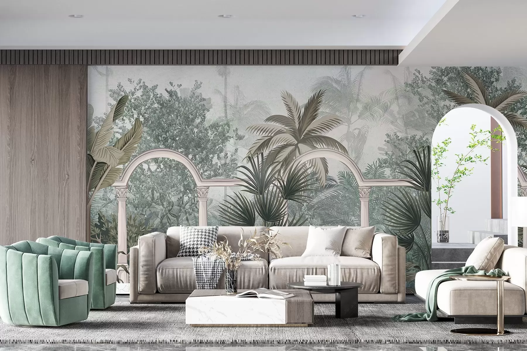 Шпалери Тропічний фактурний сад з пальмами та пишною рослинністю, балюстрада з арками, приглушені кольори, вінтажний стиль w08916