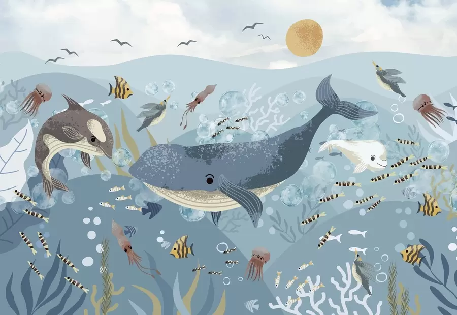 Шпалери Дитяча ілюстрація милий принт з синім китом в оточенні риб, кальмарів, медуз в блакитному океані з бульбашками w08921