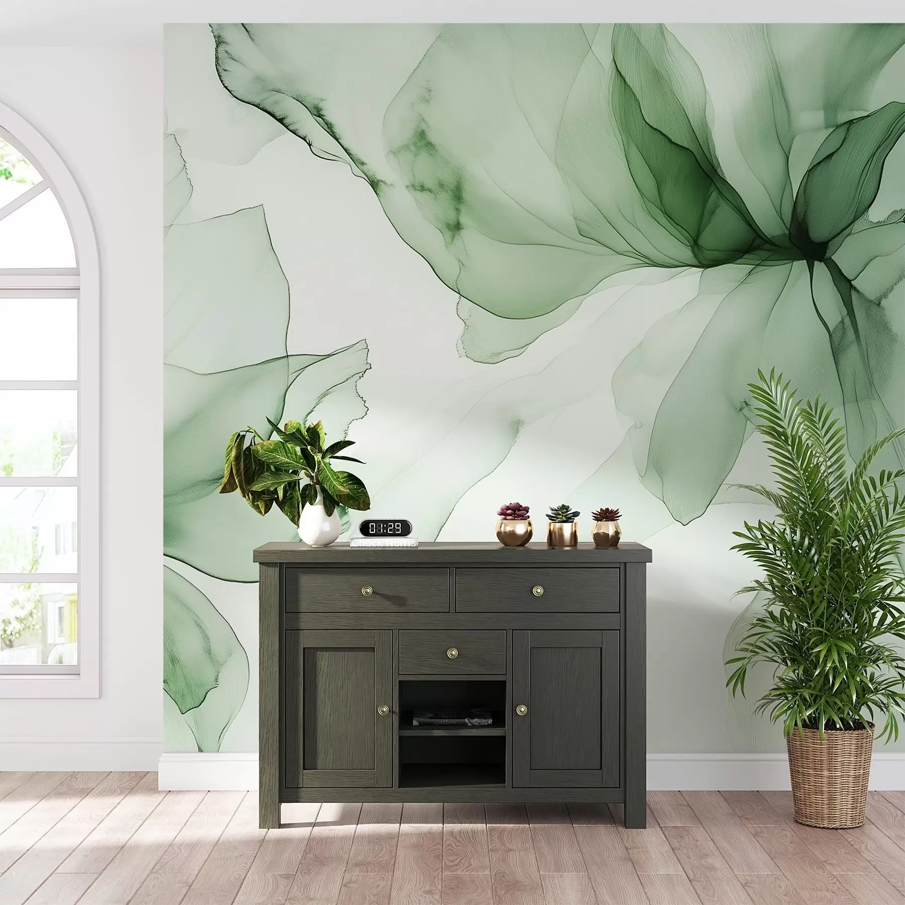 Шпалери Квіти в стилі флюїд, квіткова абстракція, акварель, зелена палітра кольорів w03406