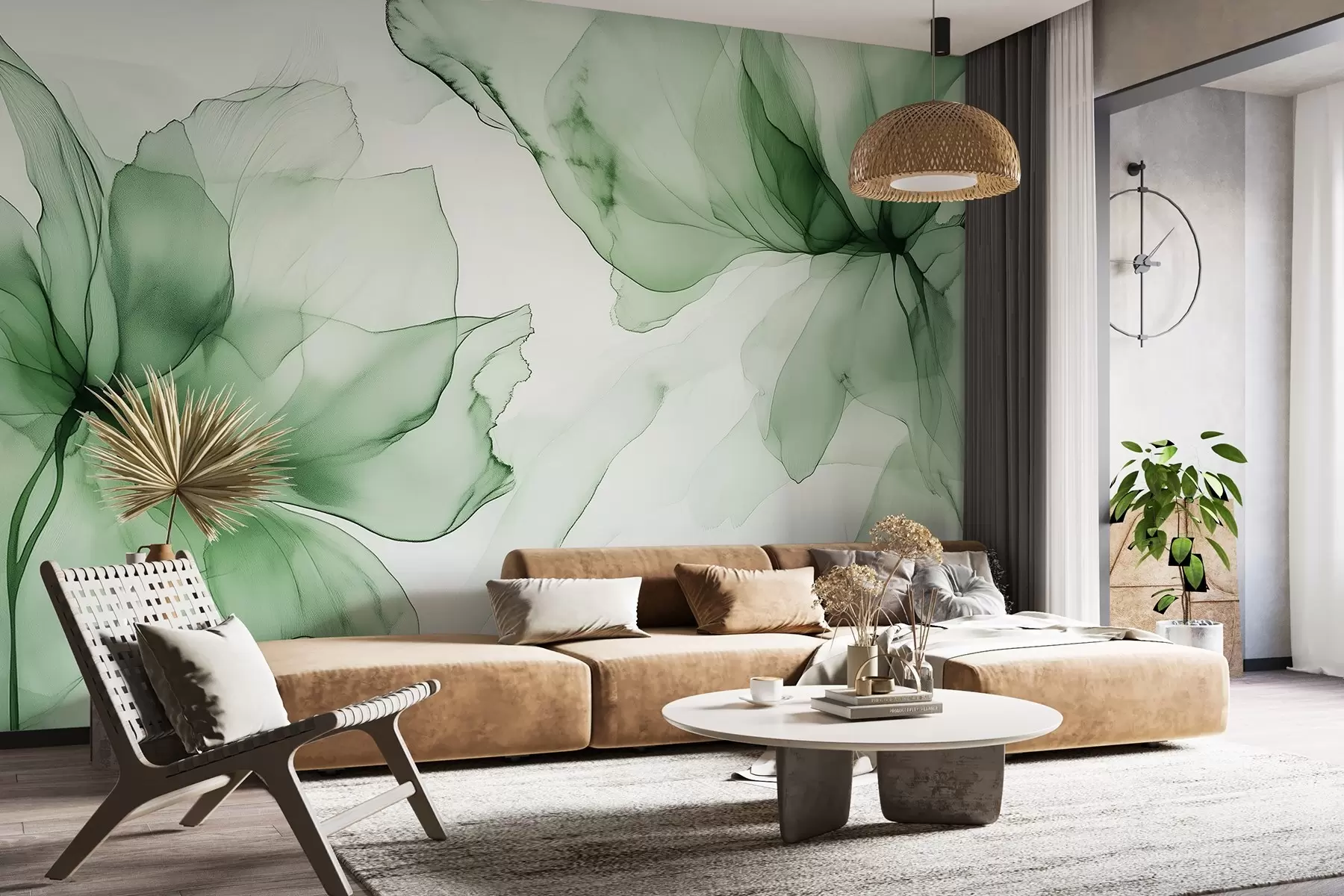 Шпалери Квіти в стилі флюїд, квіткова абстракція, акварель, зелена палітра кольорів w03406