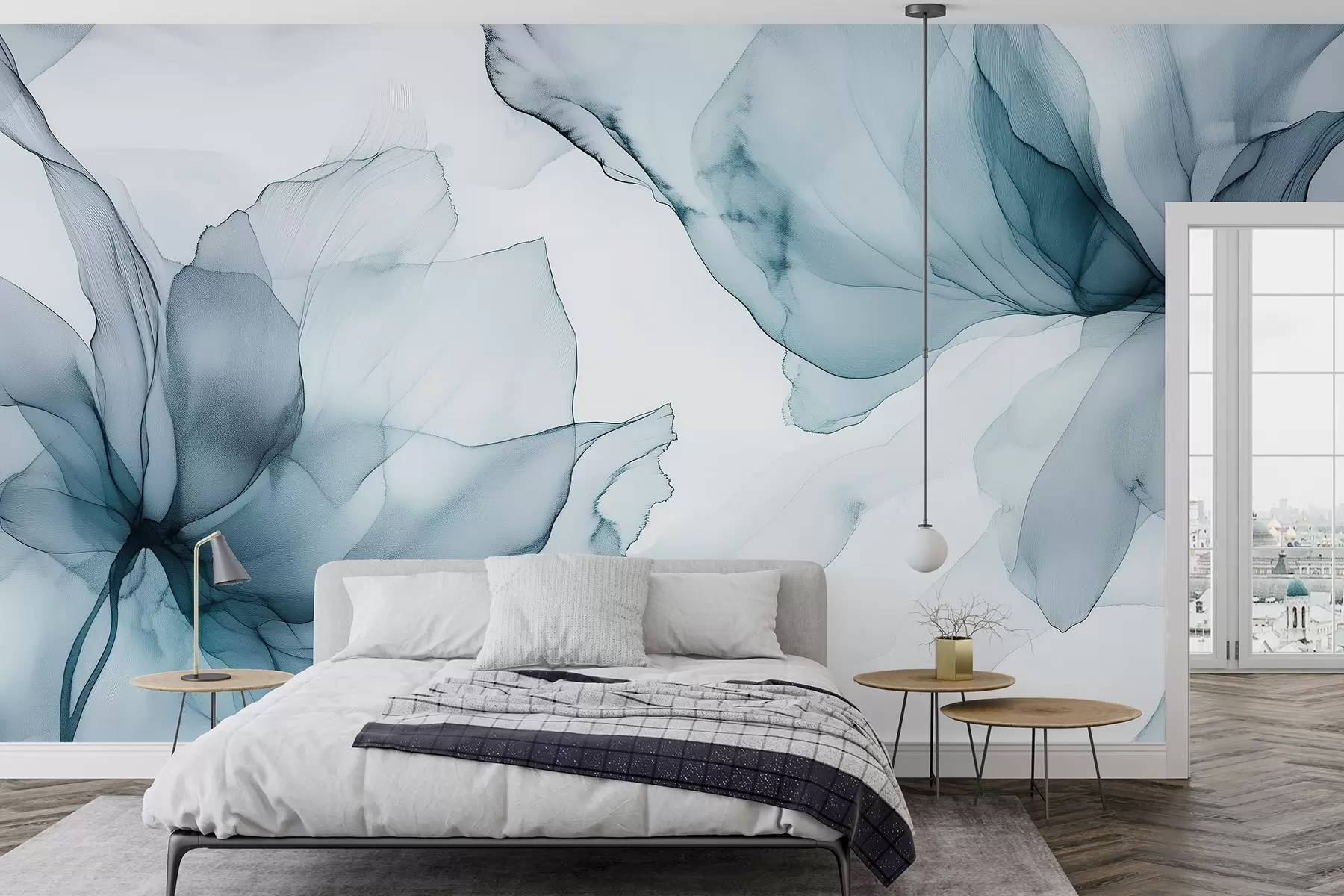 Шпалери Квіти в стилі флюїд, квіткова абстракція, акварель, синя палітра кольорів w03406v2