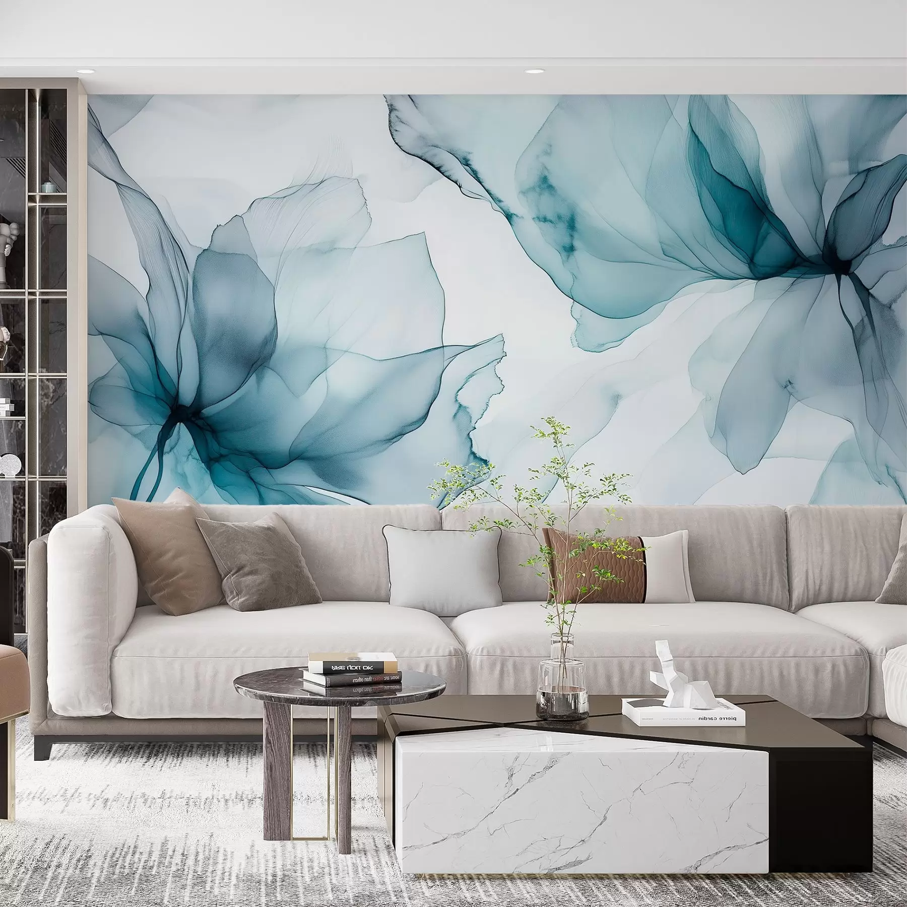 Шпалери Квіти в стилі флюїд, квіткова абстракція, акварель, синя палітра кольорів w03406v2