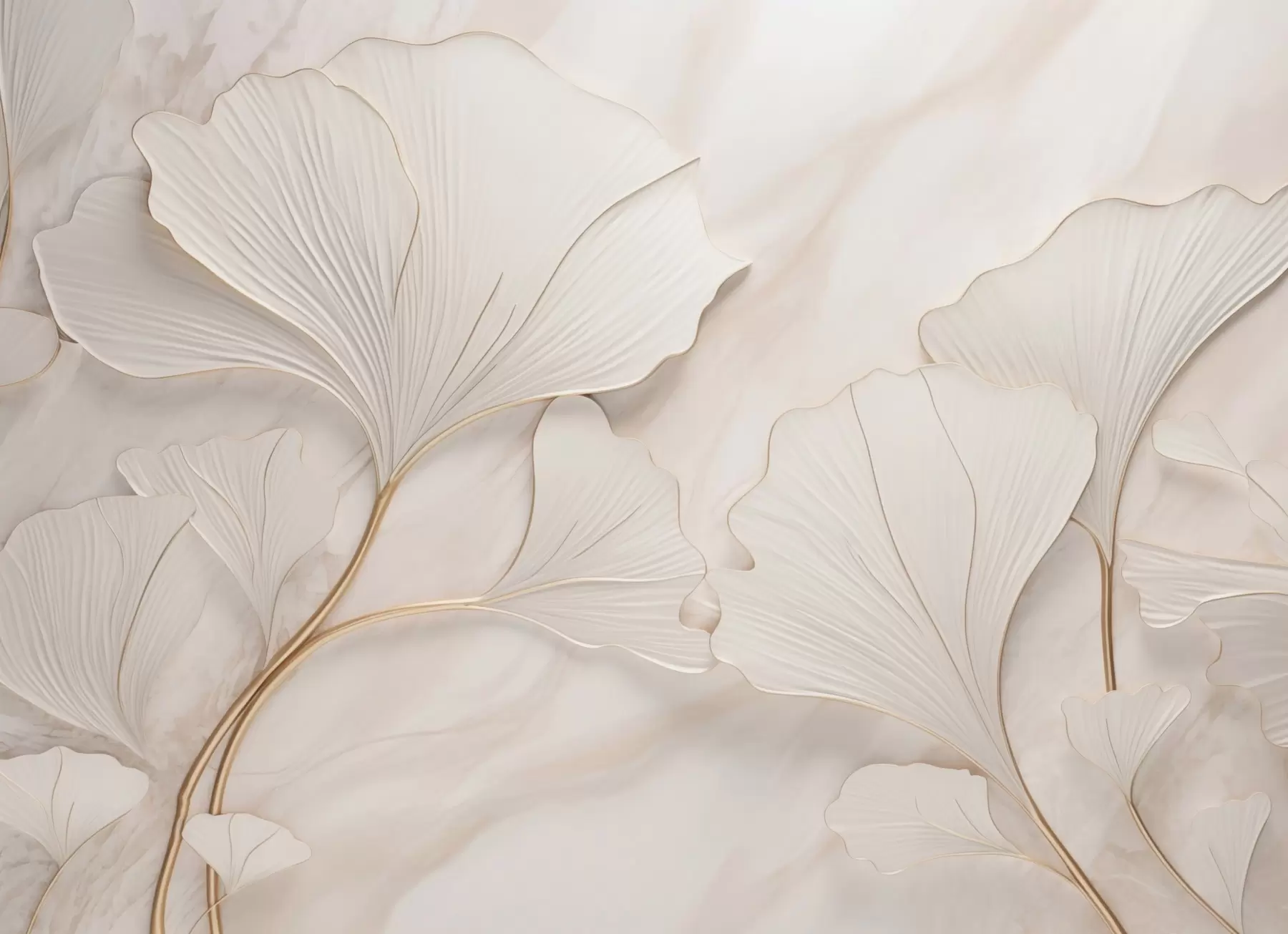Шпалери Пастельне листя на мармуровому тлі в бежевих тонах w03440v1