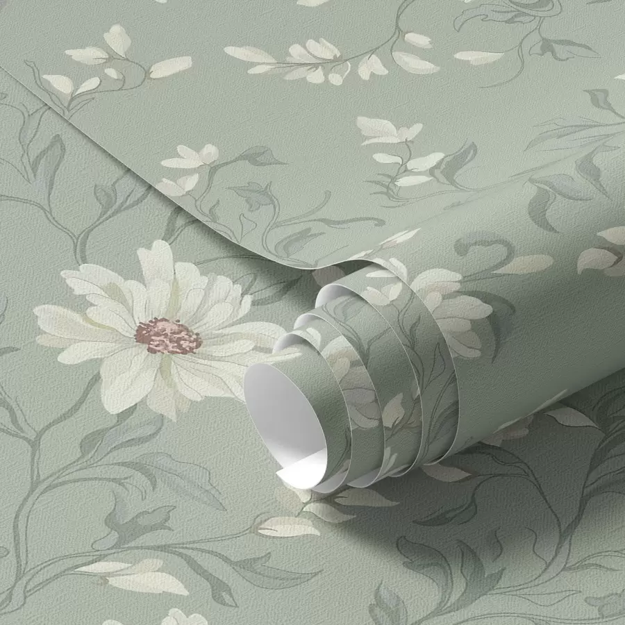 Шпалери Білі квіти із звивистим листям a00001