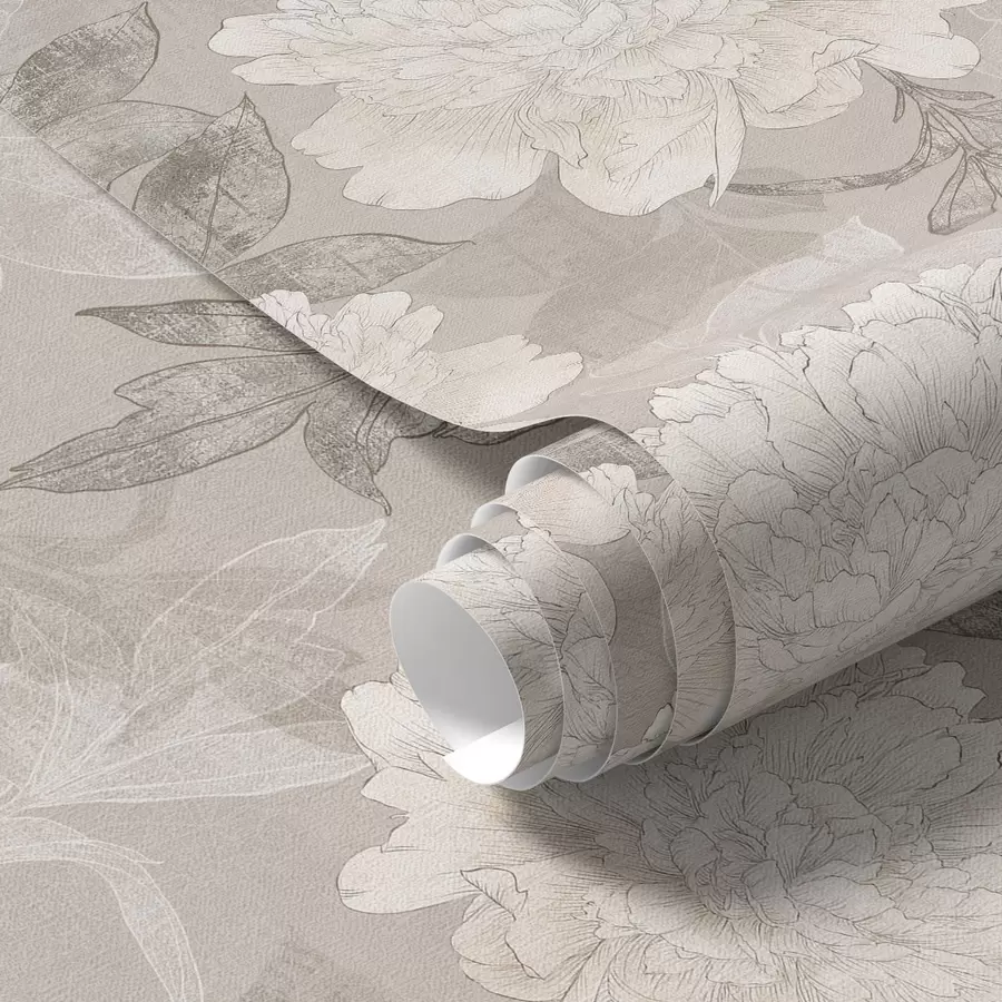 Шпалери Світлі півонії та листя в стилі гранж a00005