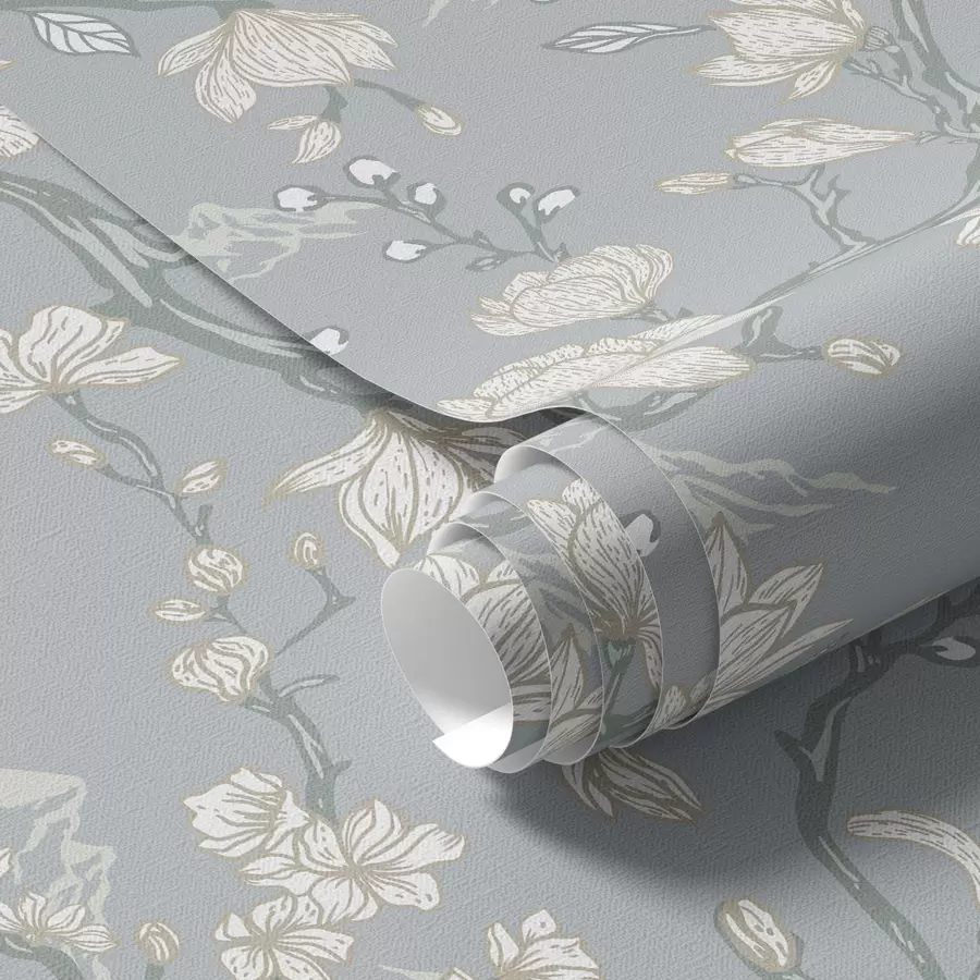 Шпалери Білі квіти на гілках і гори на блакитному тлі a00021