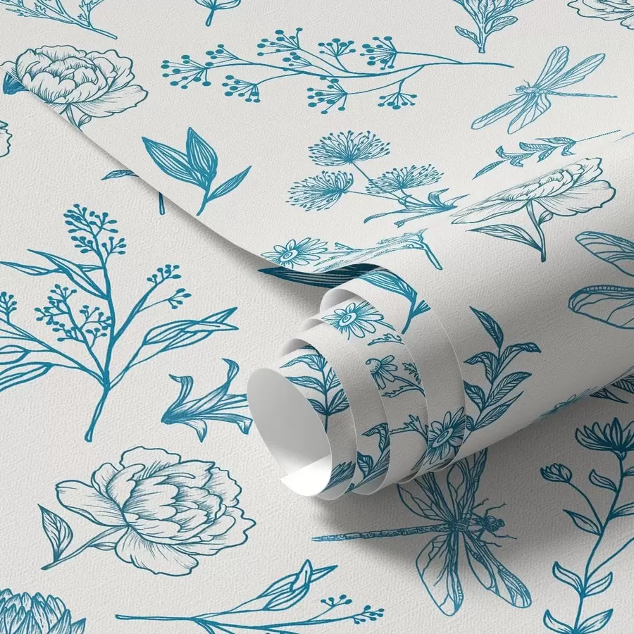 Шпалери Блакитні квіти, листя та бабки на білому тлі a00025