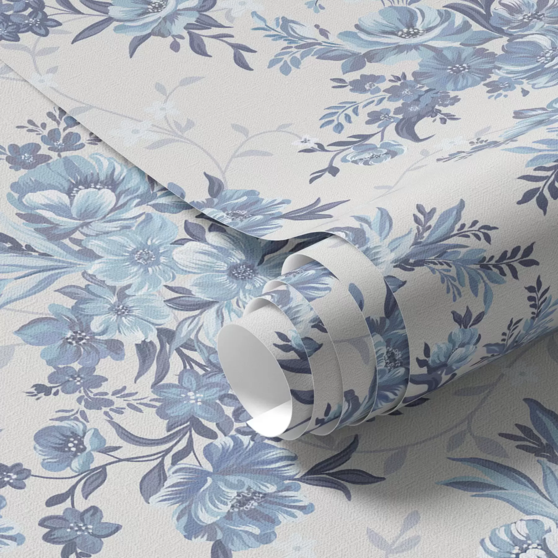 Шпалери Ніжні квіти та листя в блакитному та синьому кольорах на світлому фоні a00027