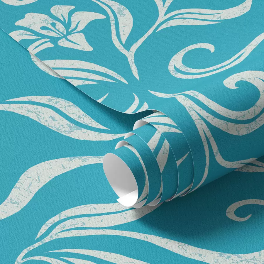 Шпалери Білі квіти і листя з потертостями на синьому тлі a00038