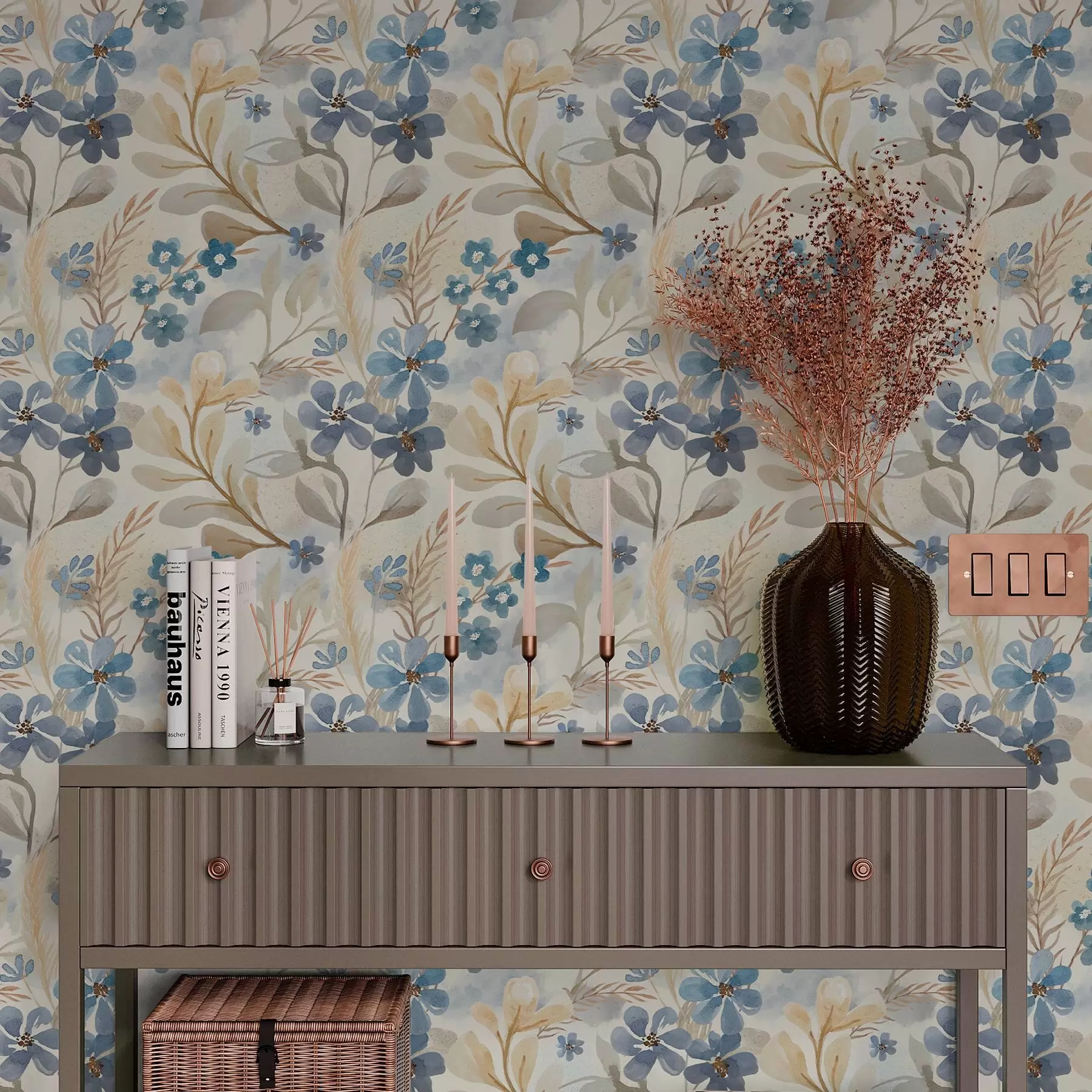 Шпалери Ніжні квіти та листя у стилі акварелі a00042