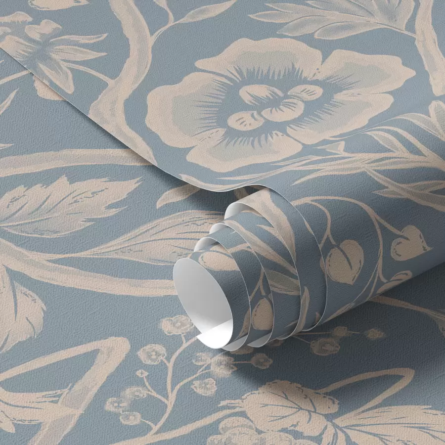 Шпалери Білі квіти, стебла та виноград на синьому тлі a00044