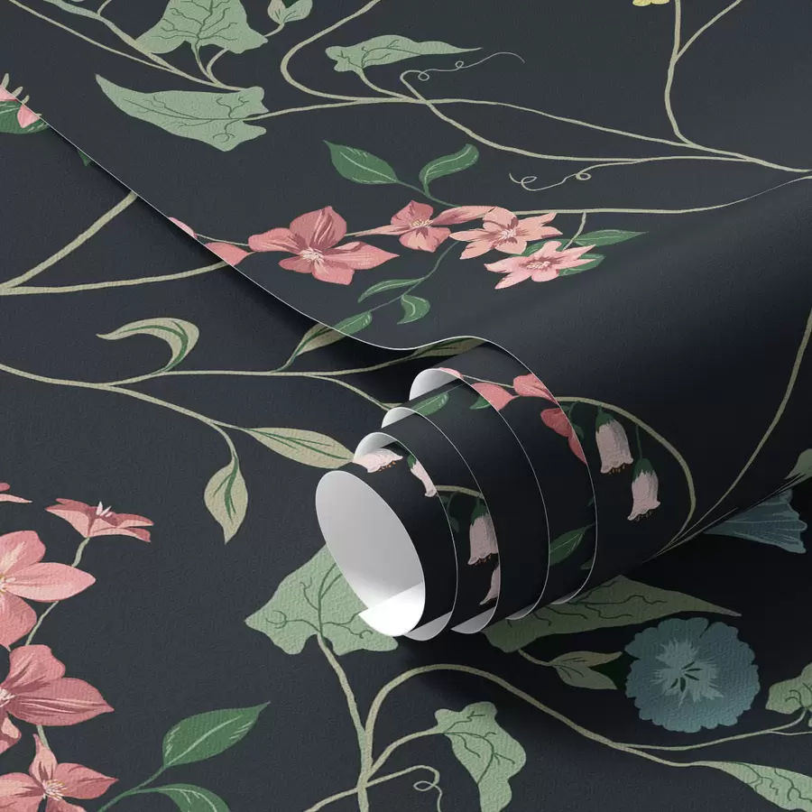 Шпалери Квіти, листя та стебла на темному тлі a00047