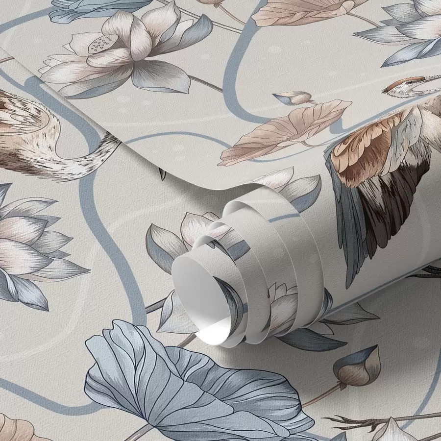 Шпалери Композиція з журавлями та лотосами в пастельних тонах a00064