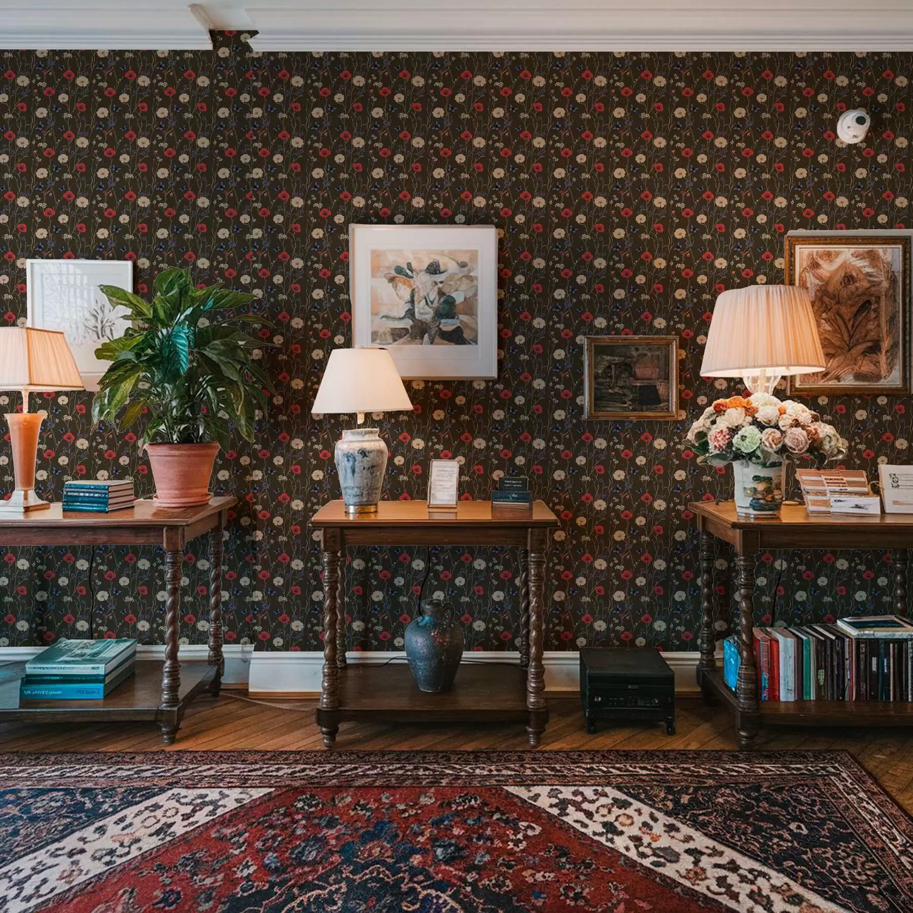 Шпалери Маки, ромашки та метелики на темному тлі a00072v2