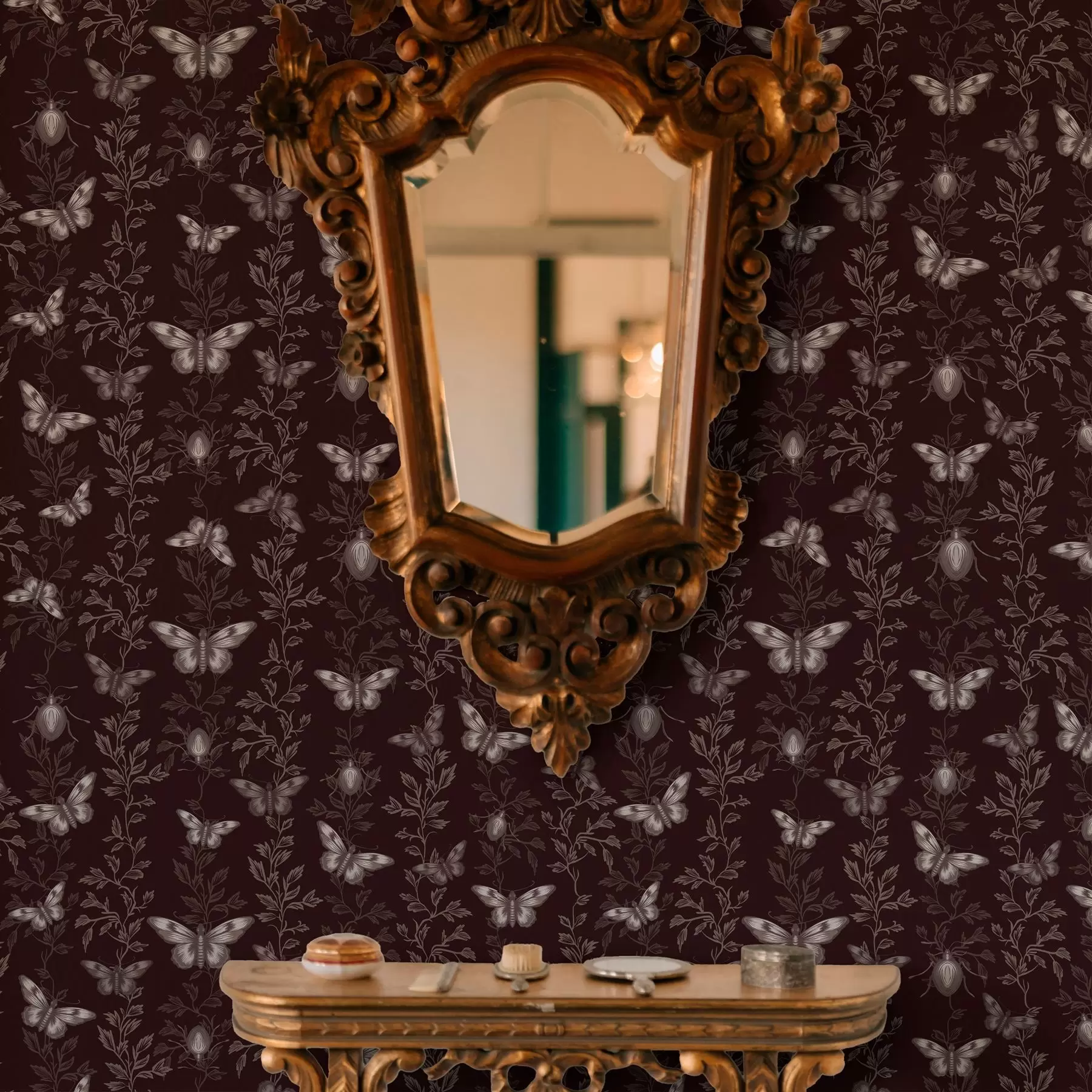 Шпалери Композиція з метеликами, листям і комахами на темному тлі a00073v1