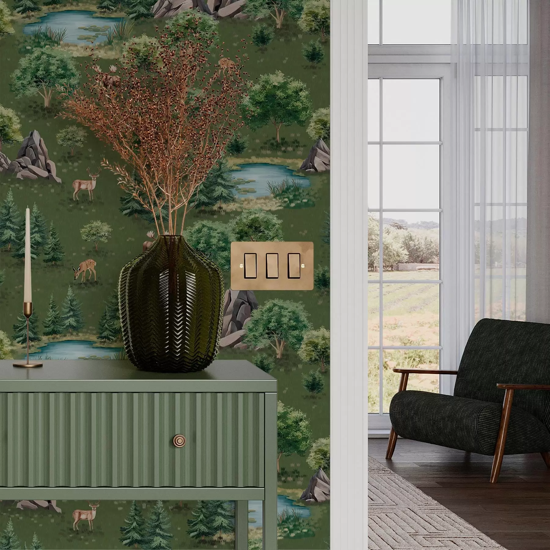 Шпалери Олень біля озера з деревами та скелями a00086