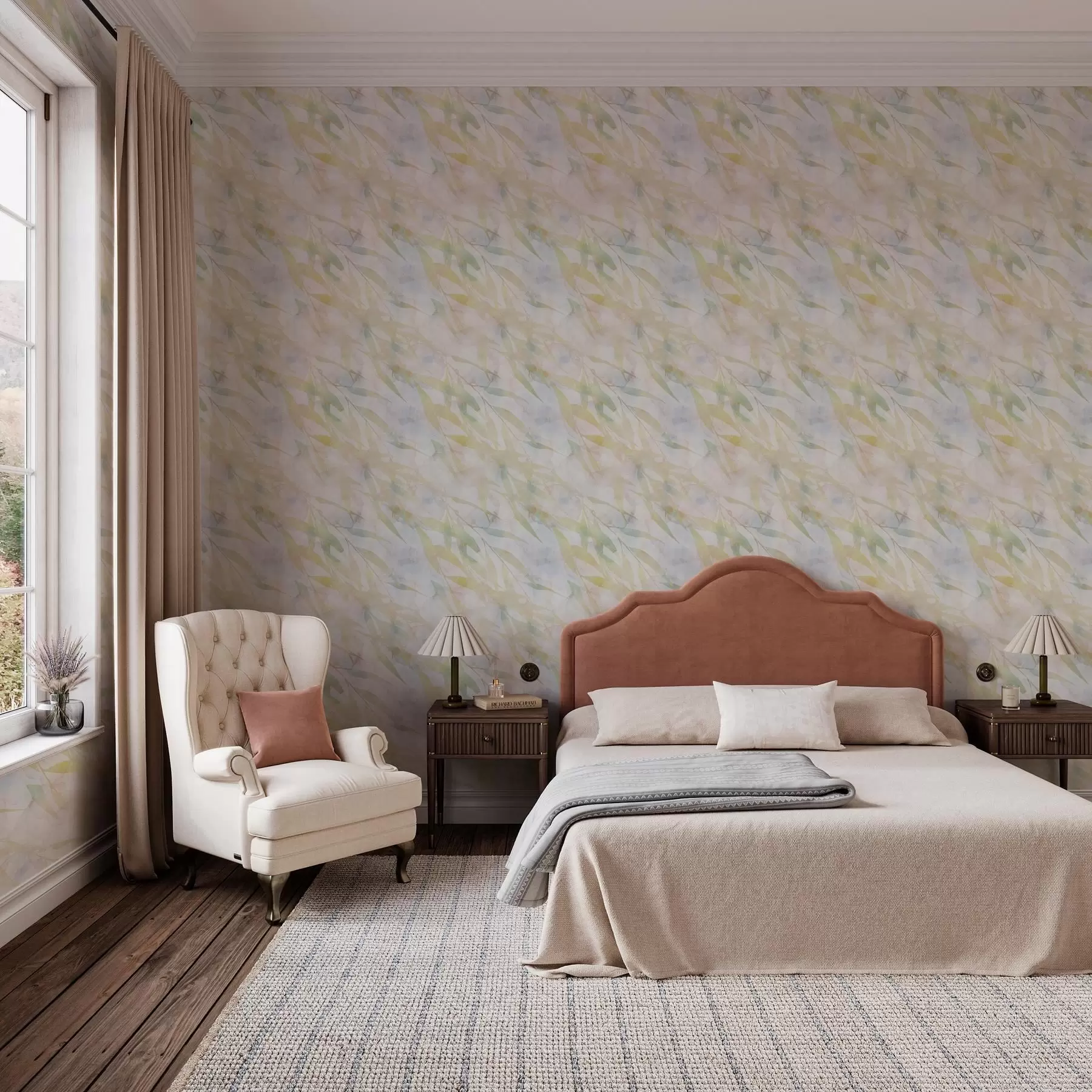 Шпалери Жовто-зелені гілки з листям на вітрі a00097