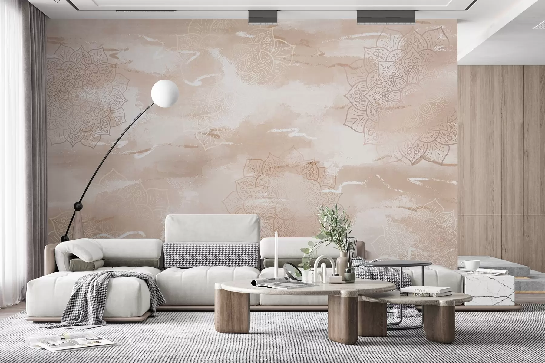 Шпалери Мандали на пастельному тлі, яскраві мазки, бежеві кольори w03409