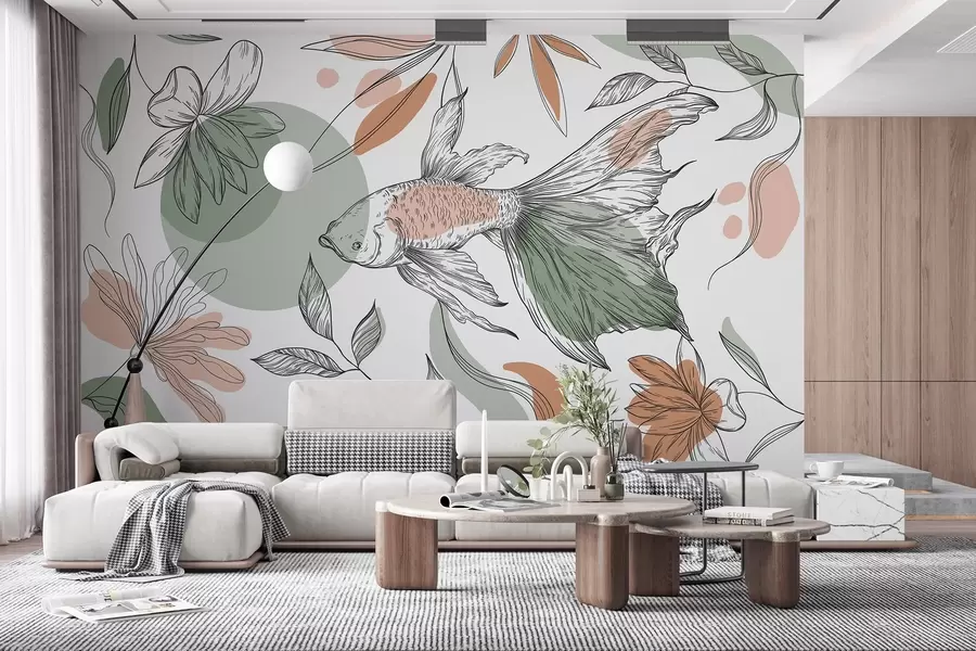 Шпалери Малюнок риби з квітами, мінімалізм, морські, квіткові, природні кольори w03448