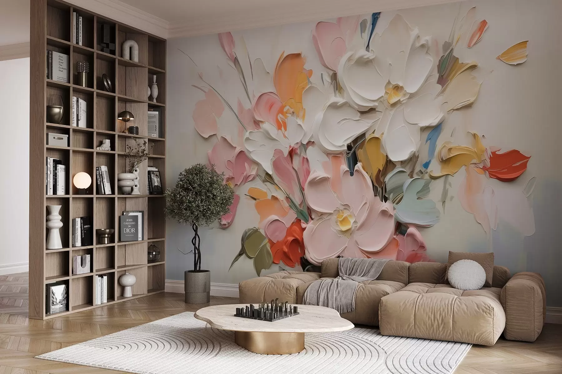 Шпалери Абстрактні об'ємні квіти в стилі олійного живопису w03582