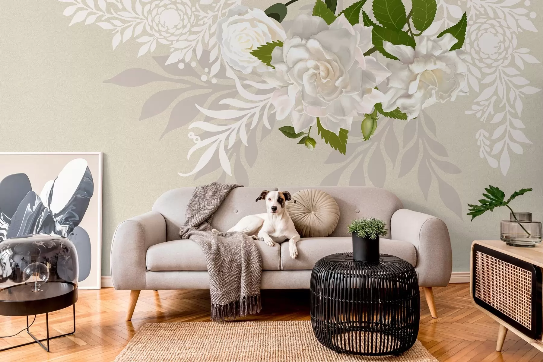 Шпалери білі троянди на бежевому візерунчастому тлі w03453