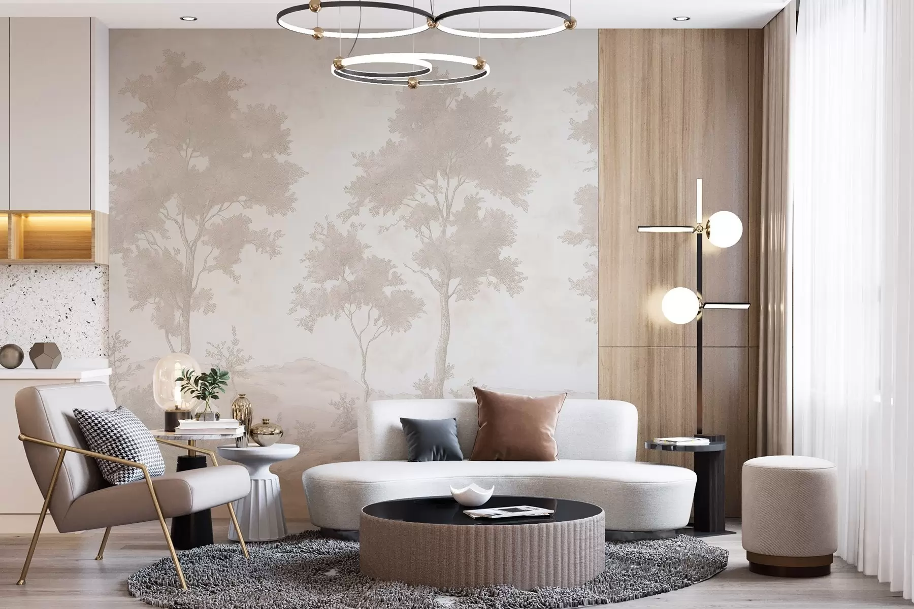 Шпалери Дерева на пагорбі, пастельний стиль малюнка, бежеві кольори, сільський w03550