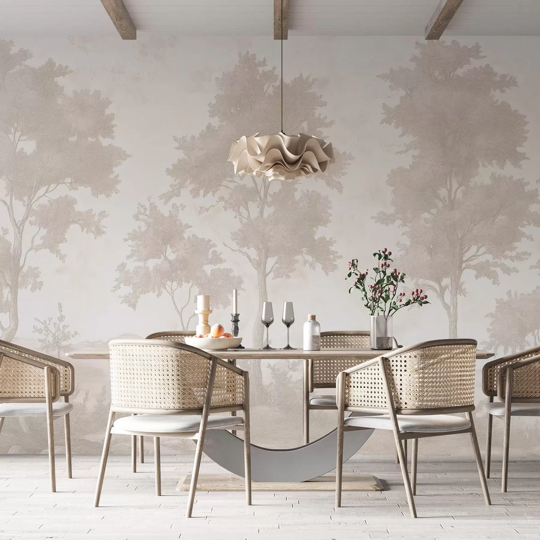 Шпалери Дерева на пагорбі, пастельний стиль малюнка, бежеві кольори, сільський w03550