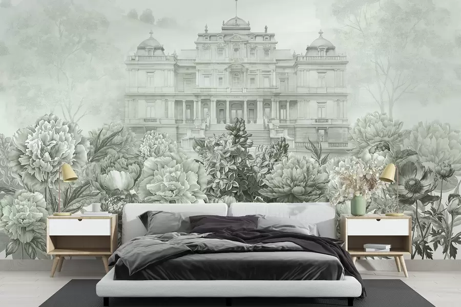 Шпалери Королівський палац з півонієвим садом, акварельний стиль, природа, зелені кольори, бохо w03552v2