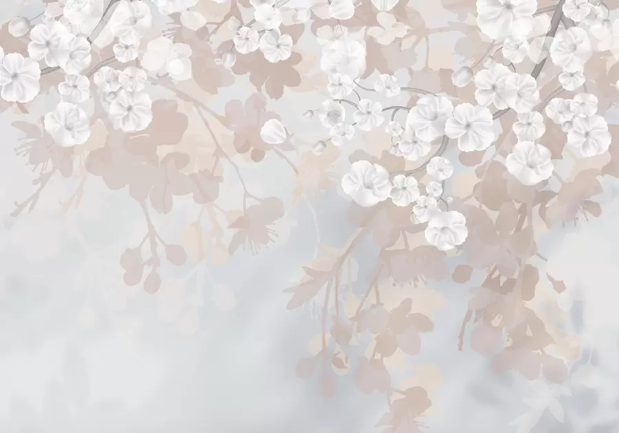 Шпалери Вишневі гілки з білими квітами та сірим листям на елегантних квіткових силуетах у м'яких пастельних тонах w08973