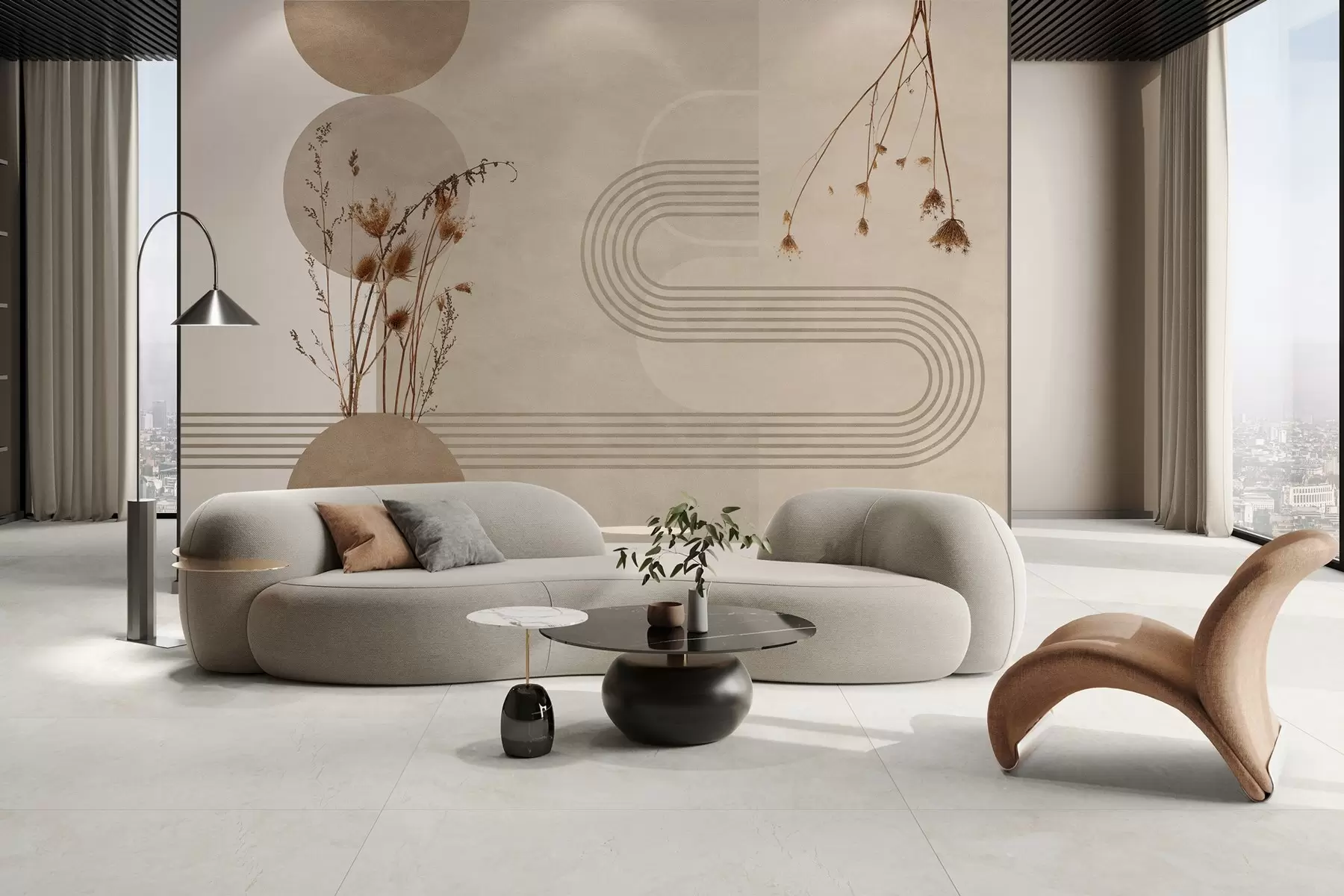 Шпалери стильна геометрія та сухоцвіти в бежевих тонах w03449